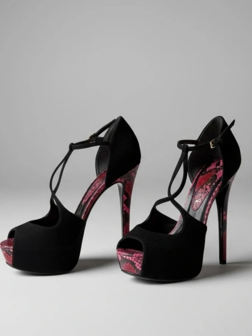 Epic Gucci black suede with red and pink Python Snakeskin platform heels  size 3